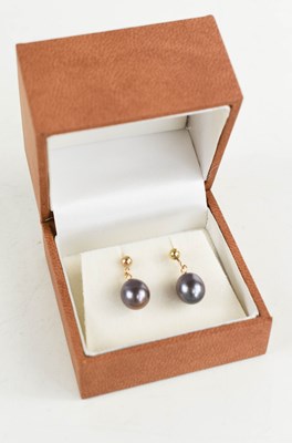 Lot 281 - A pair of grey pearl and 9ct gold drop...