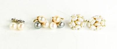 Lot 10 - A group of three pairs of pearl set earrings,...