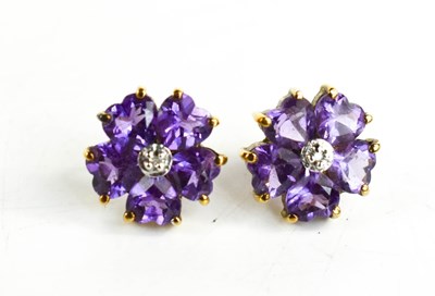 Lot 12 - A pair of 9ct gold, amethyst and diamond...