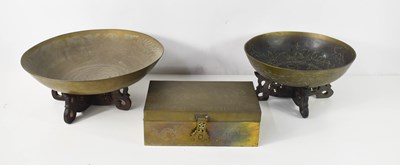 Lot 89 - Two Qing Dynasty brass bowls on wooden carved...