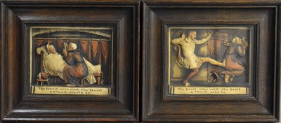 Lot 111 - A pair of resin Victorian style plaques titled...