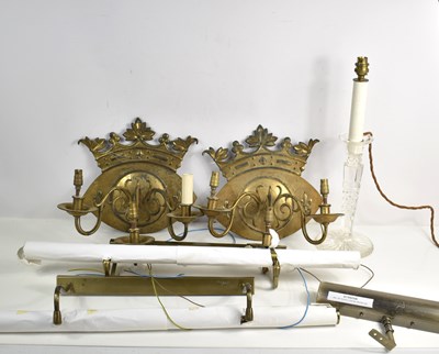 Lot 249 - A pair of three branch brass wall sconces...