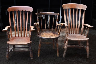 Lot 440 - Two antique kitchen armchairs, together with a...