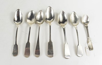 Lot 344 - Seven silver teaspoons, of various style,...