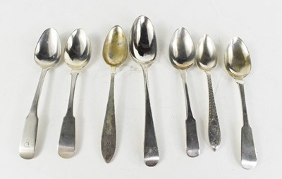 Lot 376 - Six silver spoons, one Georgian example, one...