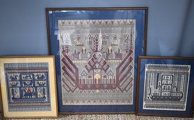 Lot 97 - Three framed and glazed hand woven Indonesian...