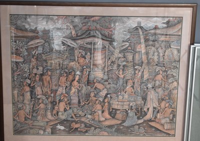 Lot 103 - A hand painted Balinese figural scene, framed...