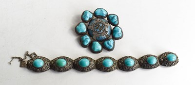 Lot 32 - A Chinese silver, enamel and turquoise brooch,...