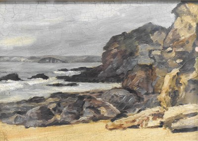 Lot 448 - A 1950s oil on board depicting rocky shoreline,...