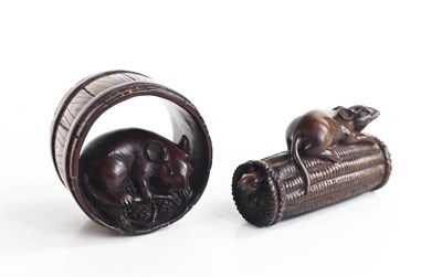 Lot 5 - A wood netsuke of a rat upon sweetcorn within...