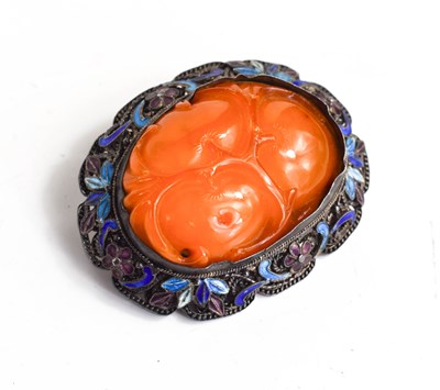 Lot 27A - A Chinese, amber, silver & enamel brooch, the...