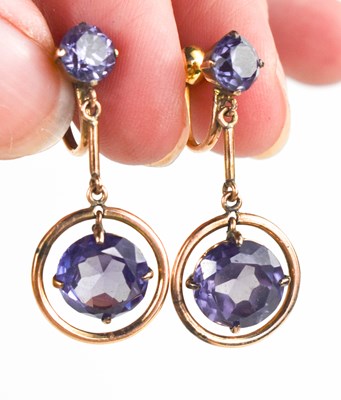 Lot 190 - A pair of 14ct gold and alexandrite drop...