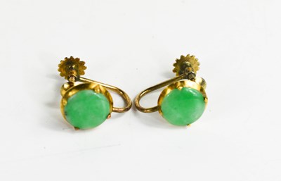 Lot 339 - A pair of 9ct gold and jade earrings, the...