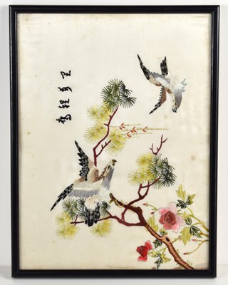 Lot 243 - A Chinese embroidery on silk with birds, trees,...