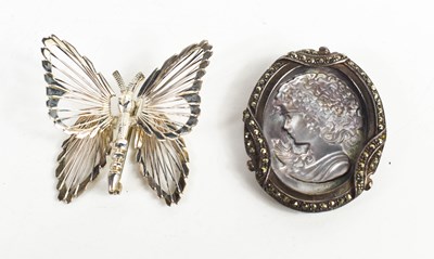 Lot 304 - A silver, marcasite and mother of pearl oval...