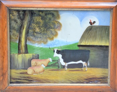 Lot 324 - A naive painting on glass of a farmyard with...