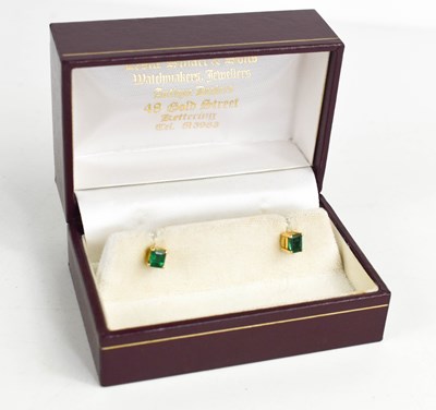 Lot 192 - A pair of 14ct yellow gold and emerald...