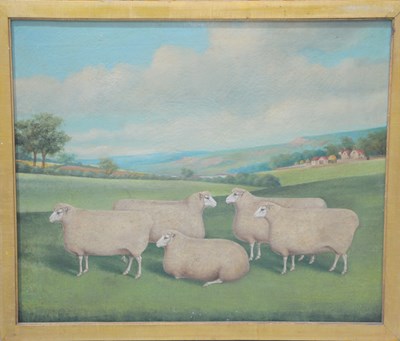 Lot 328 - A naive style painting of sheep on a hillside,...