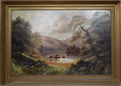 Lot 437 - B Davies? (19th century): cattle watering in a...