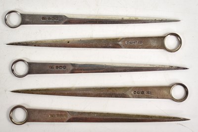 Lot 24 - A group of five silver skewers, hallmarked for...