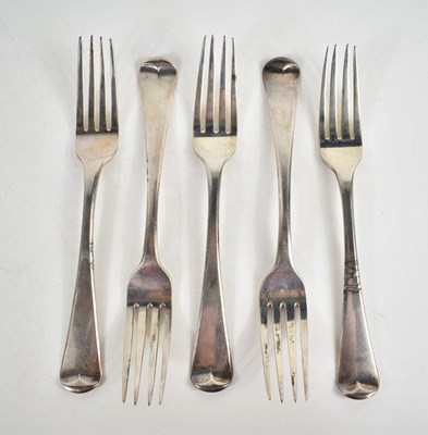 Lot 46 - A set of five silver dinner forks, engraved...