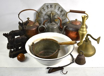 Lot 380 - A group of metalware to include copper kettles,...