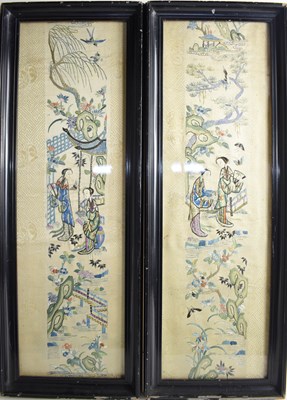 Lot 365 - A pair of Chinese embroidered silk panels,...