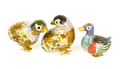 Lot 210 - Three vintage cloisonne enamel model birds, in...