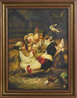 Lot 304 - A 20th century oil on canvas depicting hens...