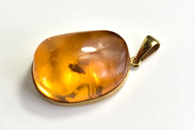 Lot 151 - A gold (untested) and amber pendant, the amber...