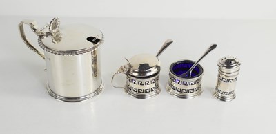 Lot 364 - A silver mustard pot with blue glass liner,...