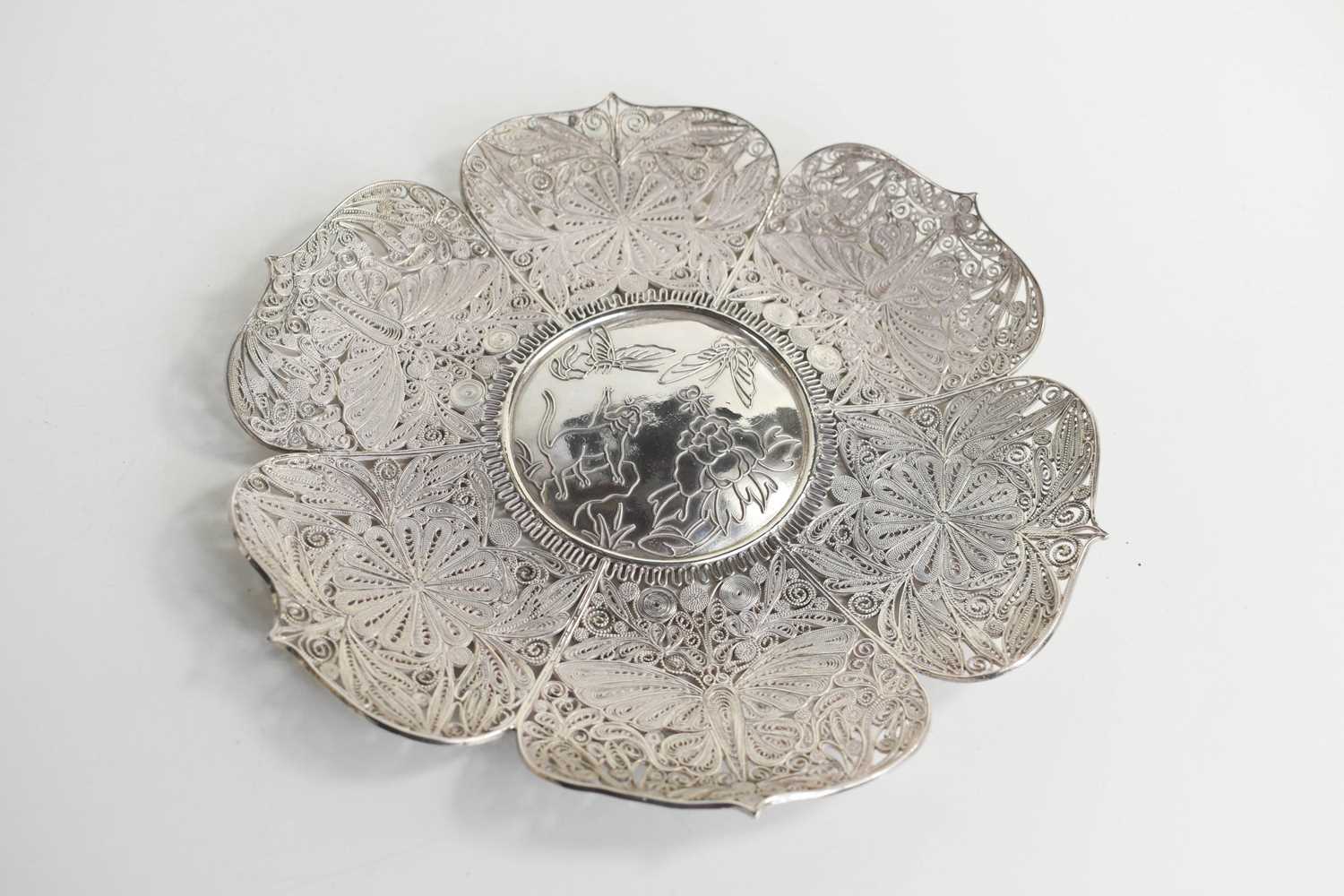 Lot 380 - A Chinese silver filigree dish, the centre...