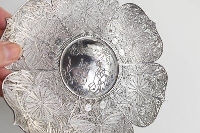Lot 380 - A Chinese silver filigree dish, the centre...