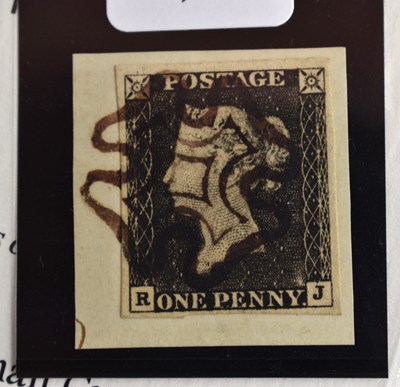 Lot 435 - A 1d penny black stamp, 1840, lettered RJ grey-...