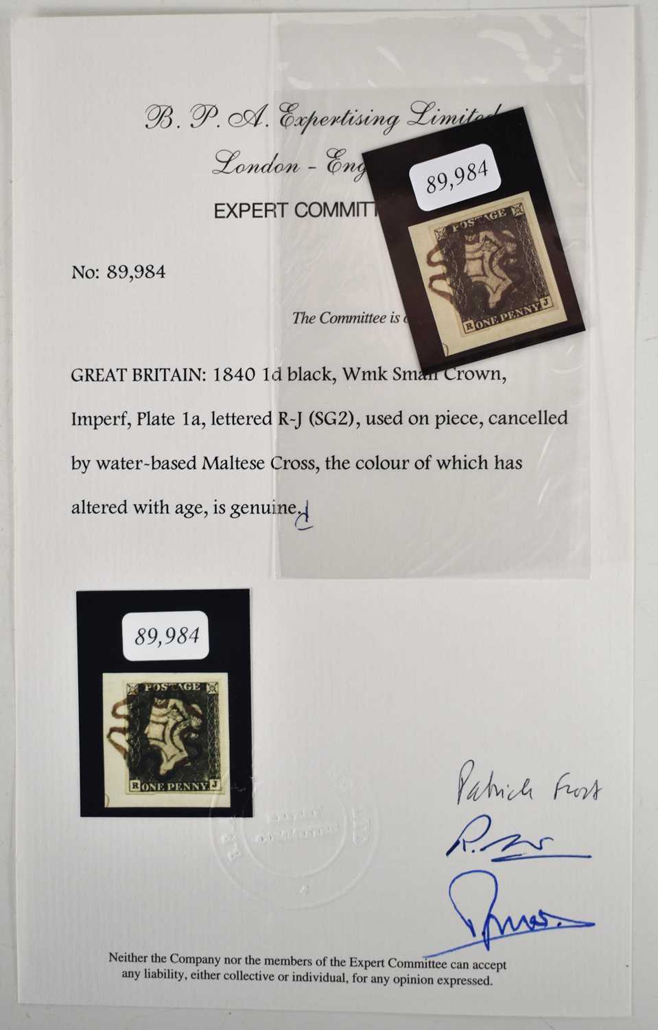 Lot 435 - A 1d penny black stamp, 1840, lettered RJ grey-...
