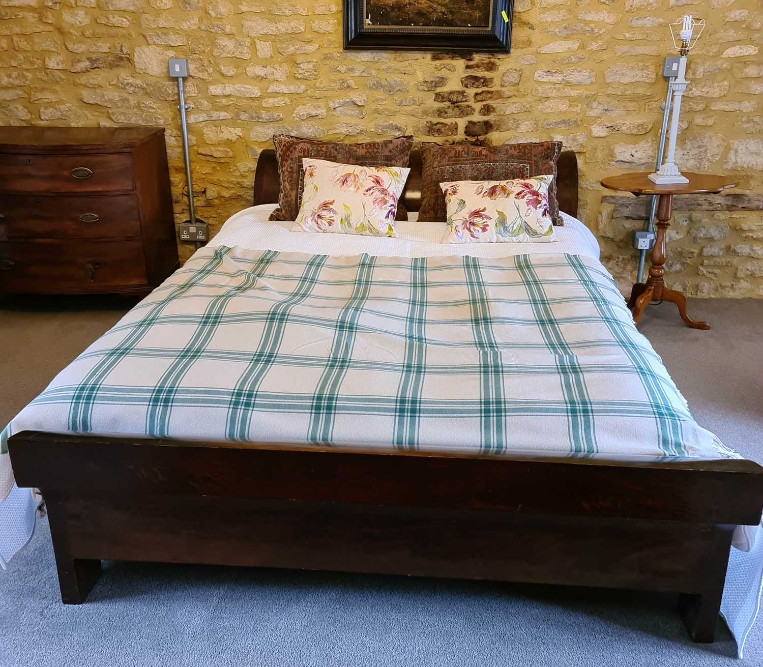 Lot 574 - A mahogany sleigh type bed, the head board and...