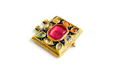 Lot 14 - An Indian Mughal gold & enamel amulet pendant,...