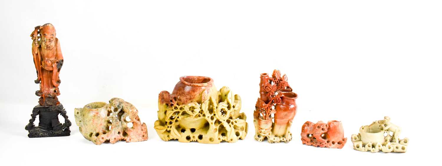 Lot 269 - A group of six Chinese soapstone carvings, one...