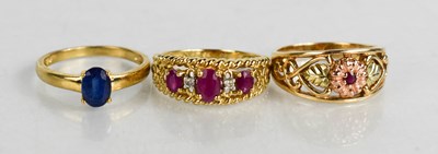 Lot 192 - A 9ct gold, diamond and pink sapphire ring, a...