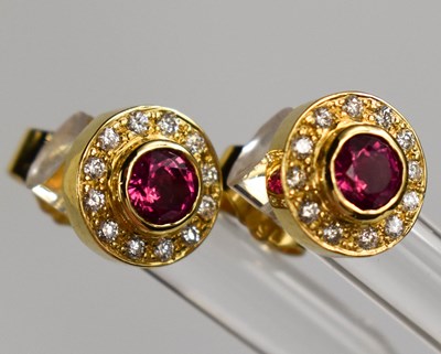 Lot 98 - A pair of 18ct gold, ruby and diamond cluster...