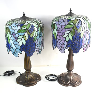 Lot 392 - A pair of Tiffany style lamp bases and glass...