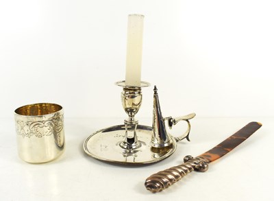 Lot 260 - A Georgian silver chamber stick with snuffer,...