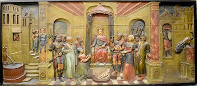 Lot 396 - A 19th century oak polychrome panel depicting...