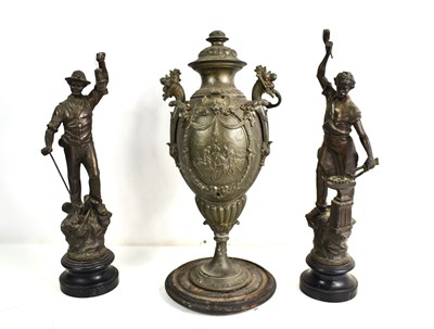 Lot 386 - A pair of Victorian spelter figures on plinths...