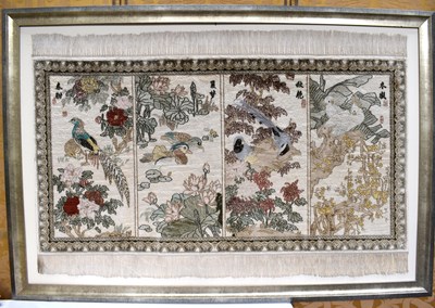 Lot 521 - A framed Chinese silk rug, The Four Seasons,...