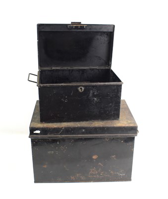 Lot 538 - Two antique tin deed boxes with twin handles.