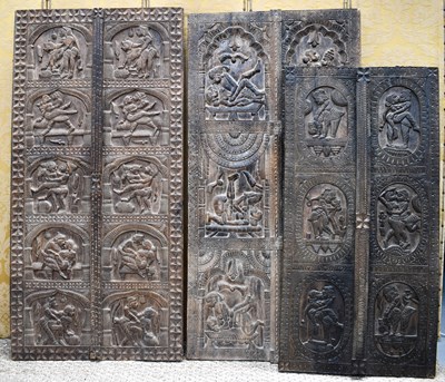 Lot 393 - Three antique Indian hand carved wooden panels...