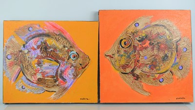 Lot 341 - A pair of contemporary acrylic and mixed media...