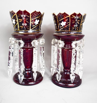 Lot 75 - A pair of 19th century ruby glass lustres with...