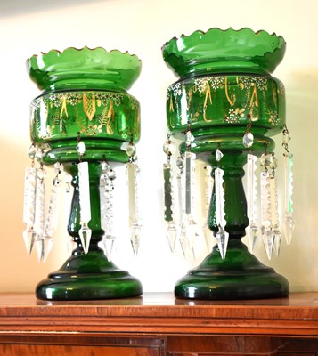 Lot 76 - A pair of 19th century green glass lustres...
